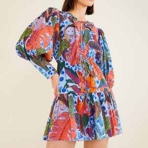 Farm Rio Tropical Botanical Print Puff Sleeve Mini Dress Multicolor Size S